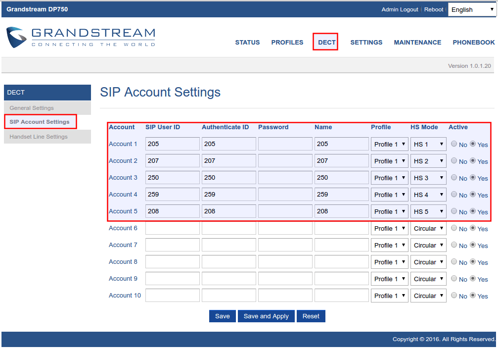 SIP account settings