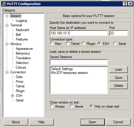 Подключение к IP ATC с помощью PuTTY 