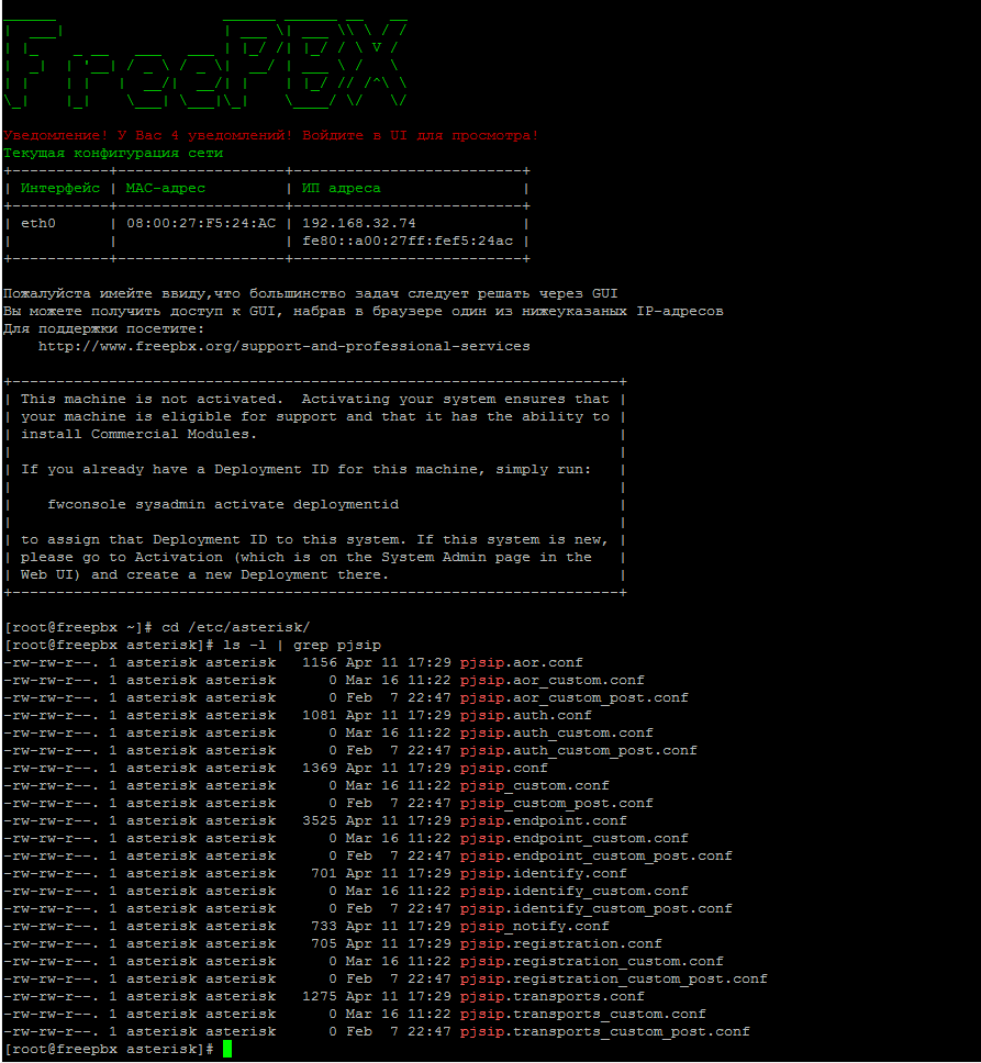 Консоль сервера с FreePBX каталог etc/asterisk | grep pjsip