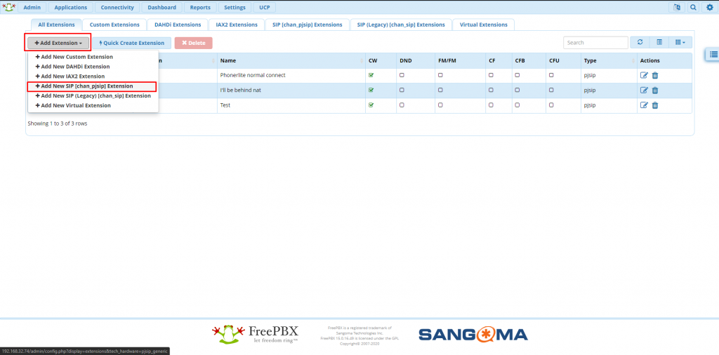 Веб-интерфейс FreePBX вкладка Extension