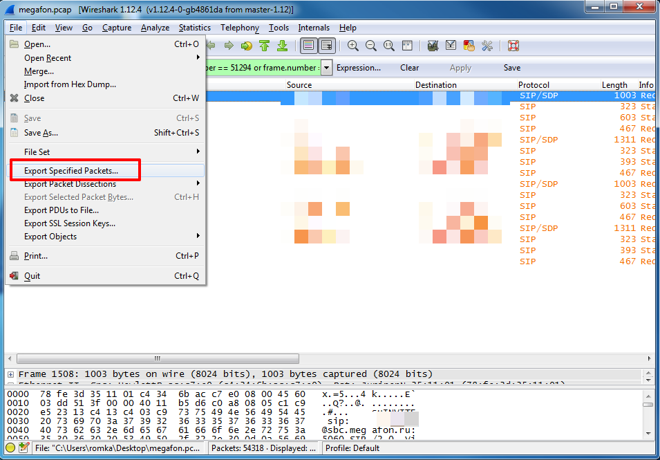 File – Export Specified Packets. Wireshark