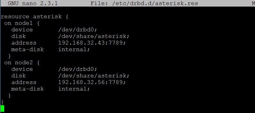  Конфигурационный файл ресурса asterisk /etc/drbd.d/asterisk.res 